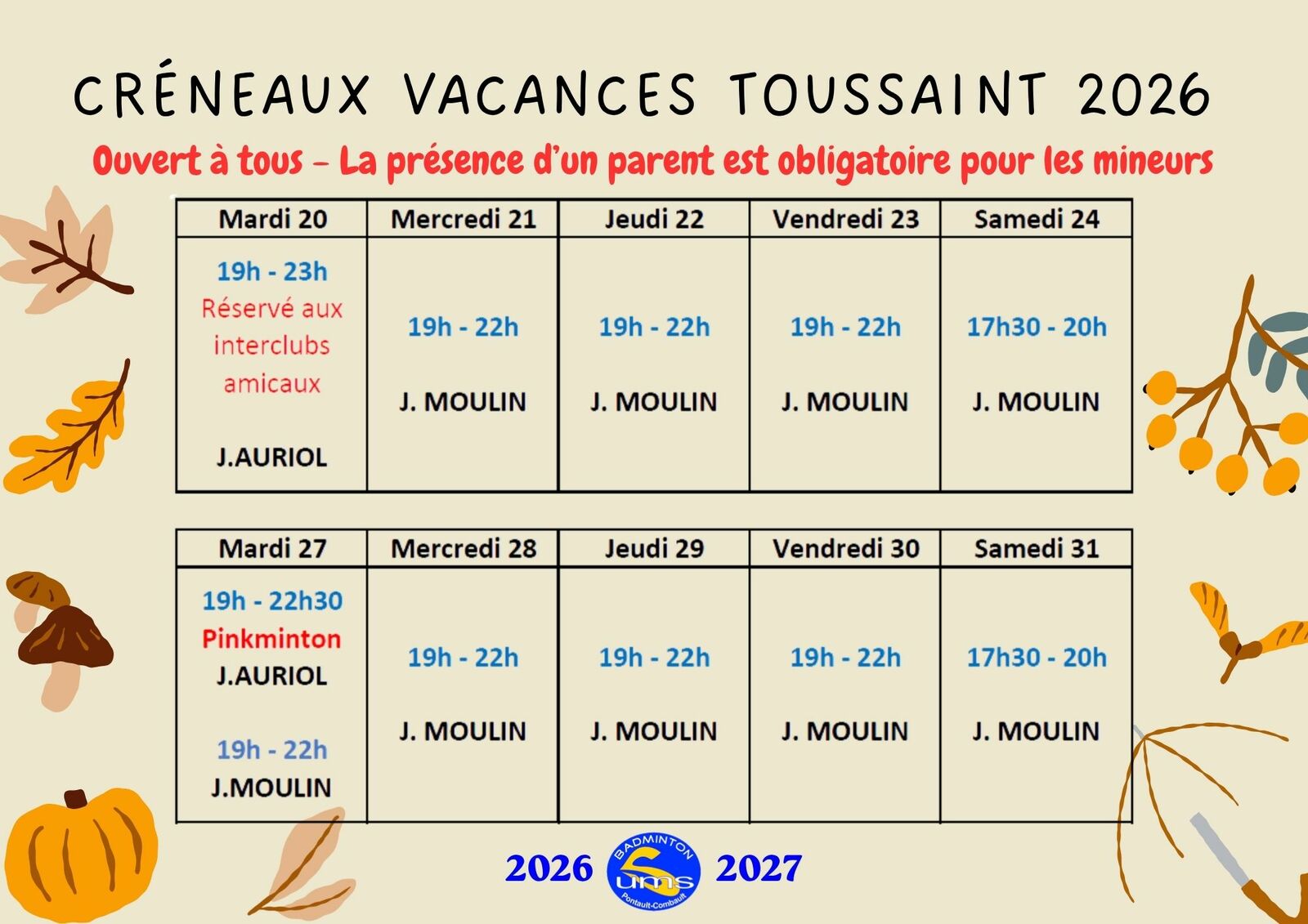 Créneaux de la Toussaint 2026