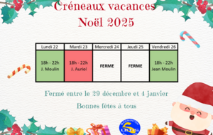 Créneaux jeu libre des vacances Noël 2025