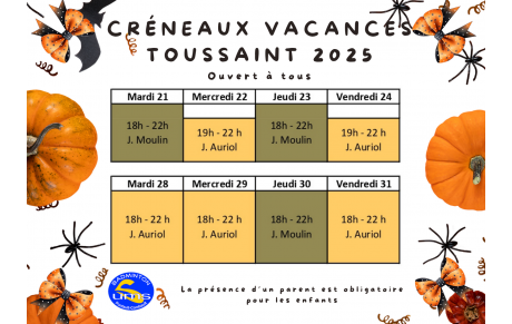 Créneaux jeu libre des vacances Toussaint 2025