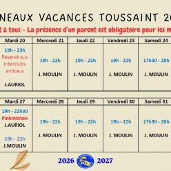 Créneaux de la Toussaint 2026